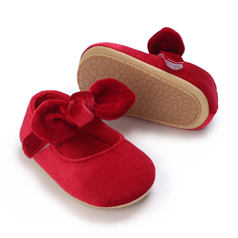 Newborn Baby Shoes Baby Girl Shoes Girl Classic Red Bowknot Rubber Sole Anti-slip PU Dress Shoes First Walker Toddler Crib Shoes