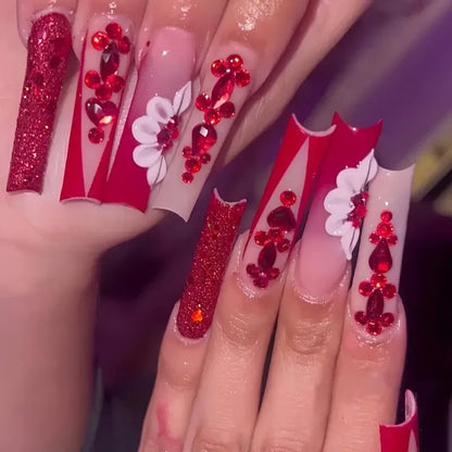 24Pcs Square False Nails with Glue Wearable Red Long Coffin Fake Nails Rhinestone Design Ballet Full Cover Press on Nails Tips