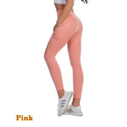 High Waist Elastic Yoga Leggings for Women, Belly Control, Ruched Booty Pants with Pocket, Seamless Compression Tights