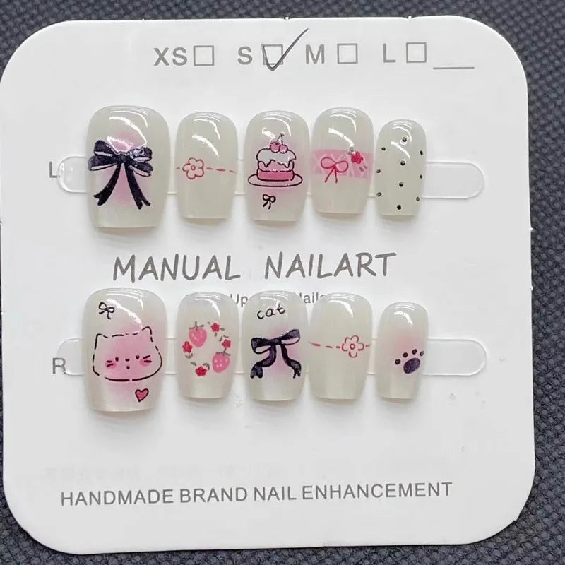 10Pcs Korean Press on Nails Strawberry Cake Summer Short  White Fake Nails Tips Cute  Artificial Manicure Arts for Girls