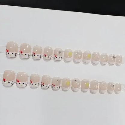 Sanrios Nails helloKitty Fresh Cute Korean Fake Nail Tips Girl Wearing Kawaii Short Cartoon Acrylic Press on Nail