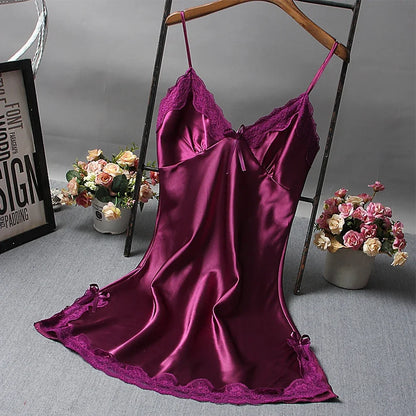 Women Satin Skin-friendly Comfortable Nightdress Sexy Lace Bowknot Pajamas Deep V Neck Thin Straps Robe Dress Soft Sleepwear