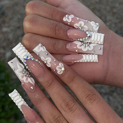 24Pcs False Nails Long Coffin Ballet French with Rhinestones Wearable Fake Nails Blue Flower Full Cover Press on Nails Tips Art