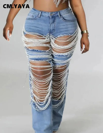 Women Fashion Pearl Beading Ripped Hollow Out Tassel Wide Leg Jeans 2025 New Summer