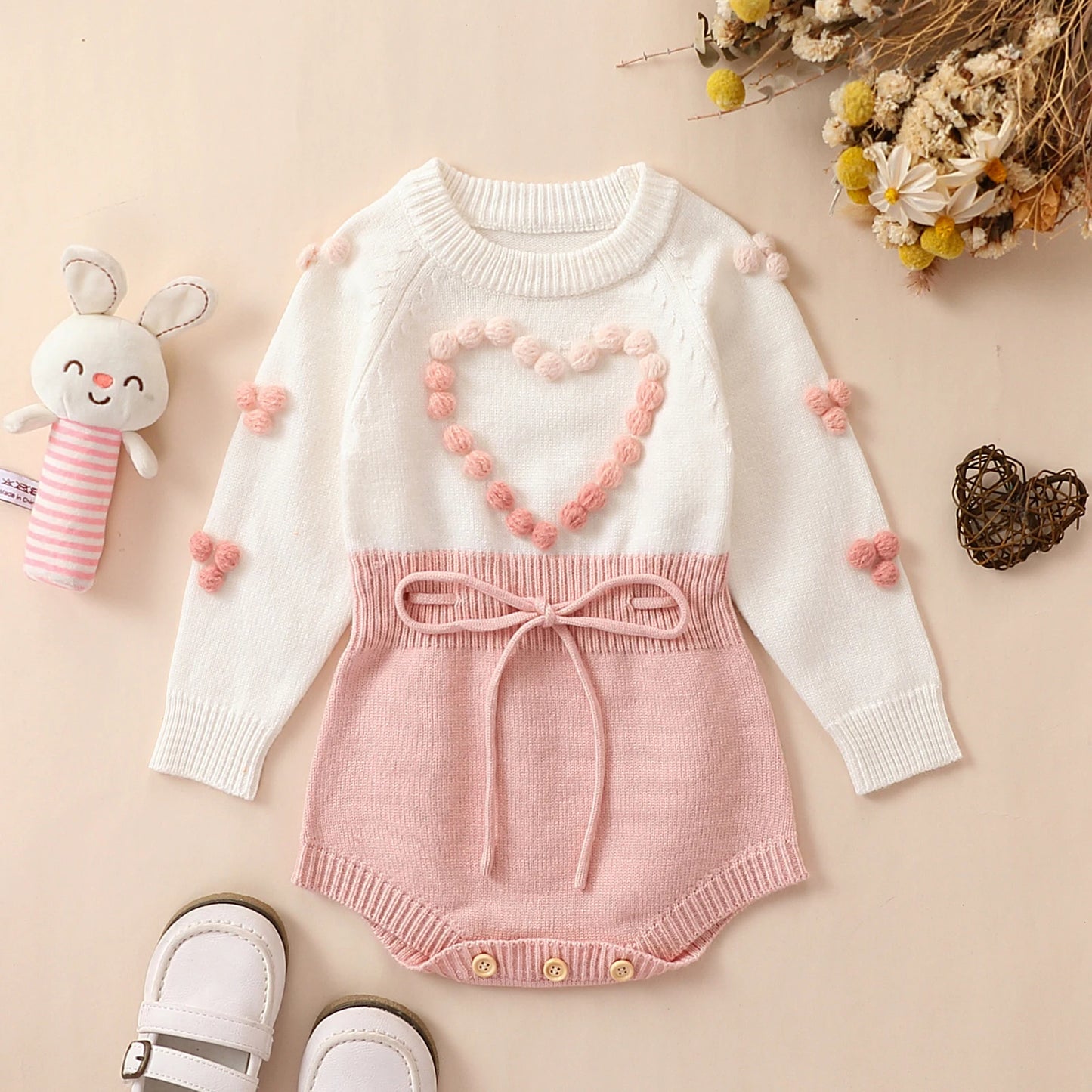 Newborn Baby Girls Sweater Romper Autumn Winter Knit Clothes Long Sleeve Contrast Color Heart Crotch Button Bodysuit For Toddler