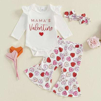 Baby Girl Valentines Day Outfit Letter Print Romper Love Heart Flare Pants Headband First Valentines Day Outfit