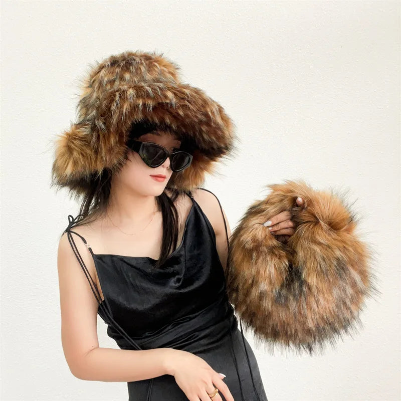 Fur bucket hat and bag set Women's warm plush autumn and winter hat Punk style imitation raccoon fur basin hat and handbag