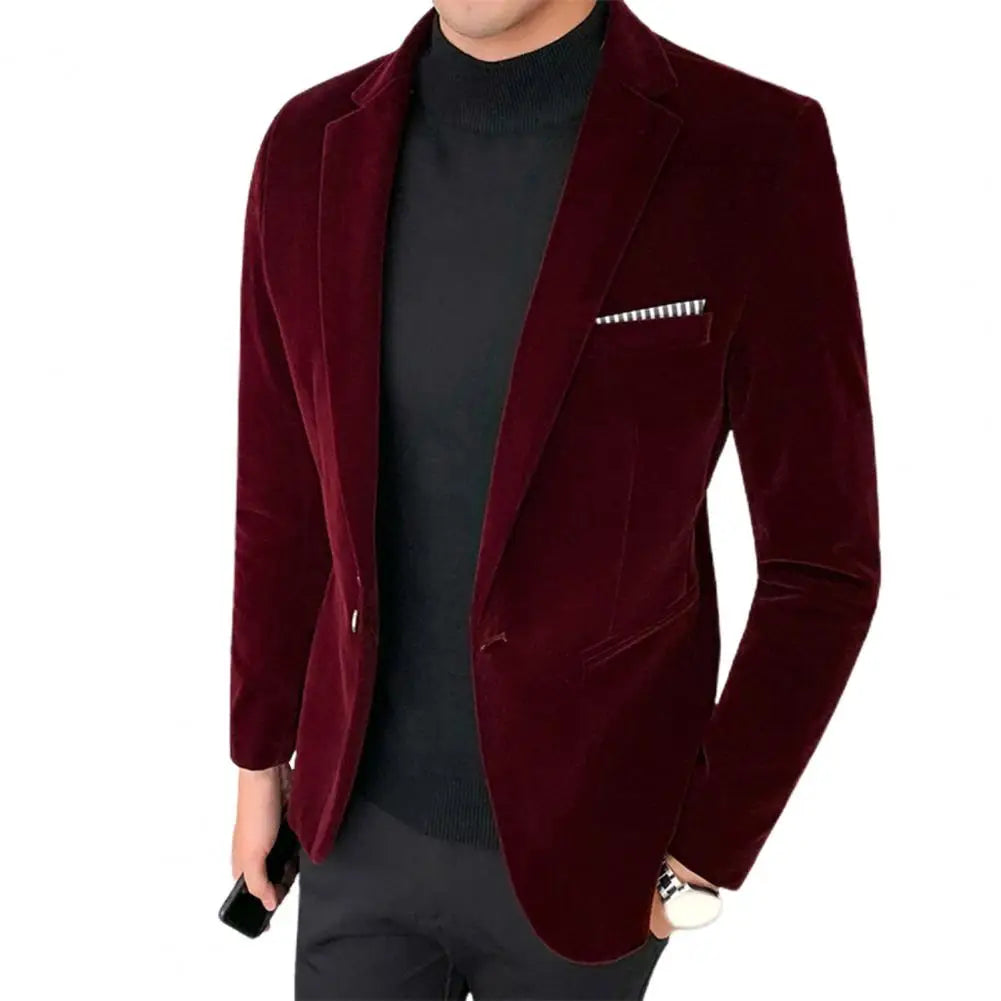 Spring Velvet Men Blazer Solid Color Temperament Suit Jacket Turndown Collar Long Sleeve Slim Fit Single Button Velvet Suit Coat
