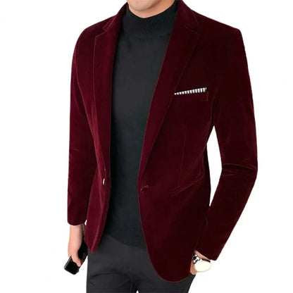 Spring Velvet Men Blazer Solid Color Temperament Suit Jacket Turndown Collar Long Sleeve Slim Fit Single Button Velvet Suit Coat
