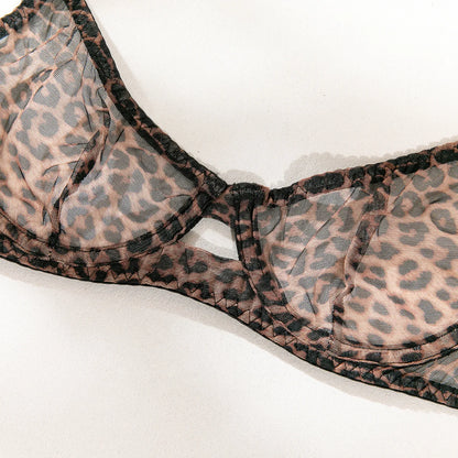 2 Pieces Sexy Leopard Print Transparent Underwire Bra Panty Set Sexy Lingerie Thin Seducing Mesh Printed Women's Underwear