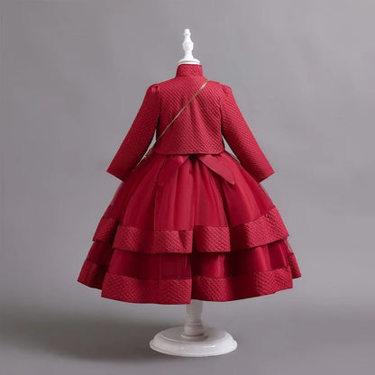 3-piece New Girls' Princess Dress Embroidered Long Sleeve Elegant Girls' Dress Children's Birthday Party Dress+Bag Set