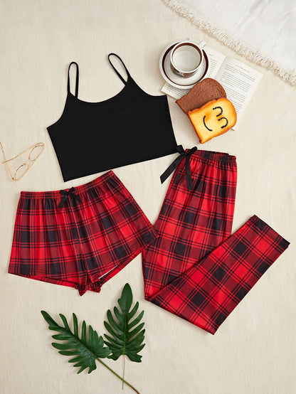 New 3Pcs Pajama Sets Wholesale Suspender Shorts Trousers Fashion Casual Bow Tie Home Wear Set Women's Casual Plaid Sleepwear Set