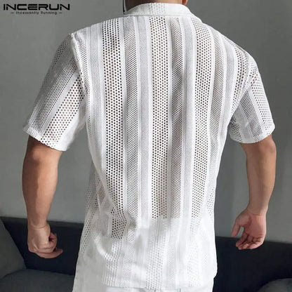 INCERUN Men's Shirt Mesh Transparent Lapel Short Sleeve Summer Camisas Streetwear 2024 Hollow Out Fashion Casual Shirts S-5XL