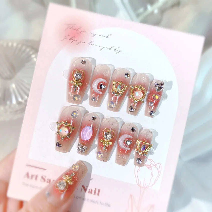 24pcs/box Luxury Pink Long Coffin Fake Nails Y2K Moon Star Rhinestones Press On Nails Handmade Full Cover Reusable False Nails