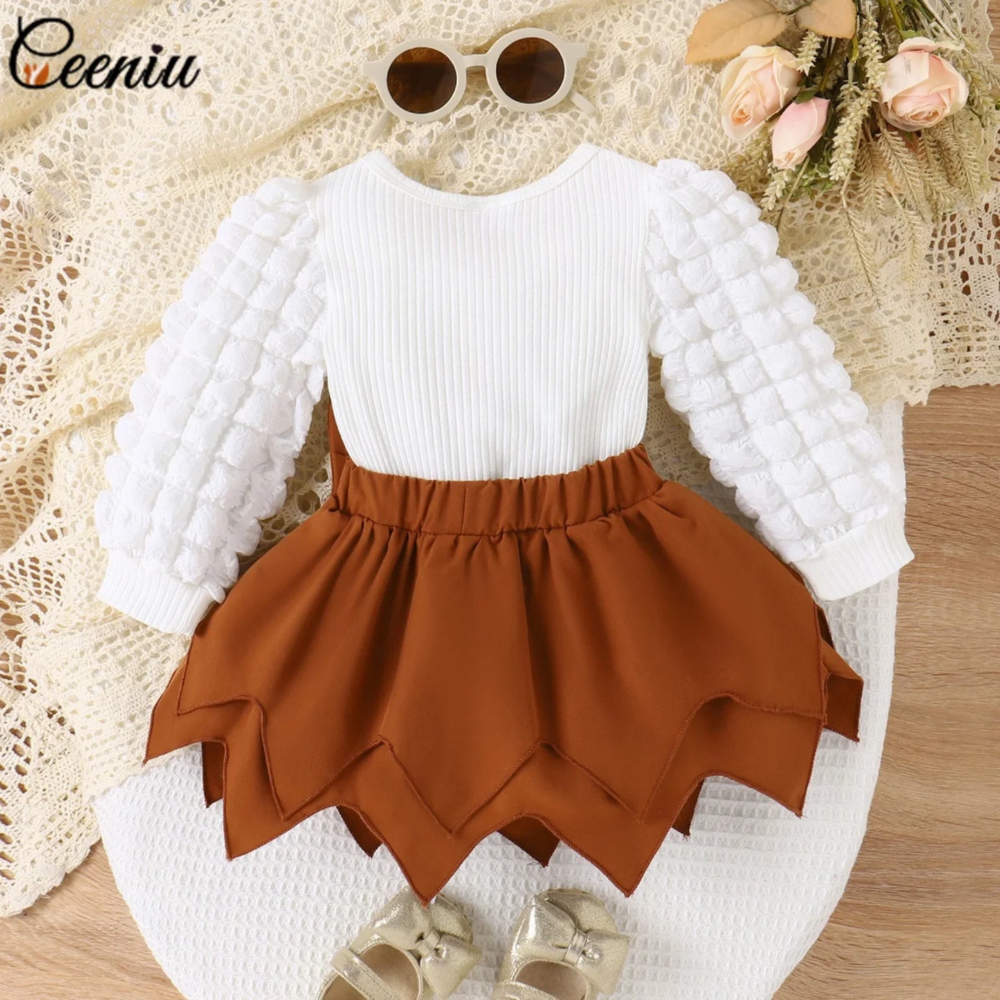 Ceeniu Baby Girl Outfit Sets For Newborn 3-24 Months Puffy Sleeve White T-shirt and Irregular Brown Skirt Toddler Girl Clothing