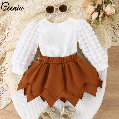 Ceeniu Baby Girl Outfit Sets For Newborn 3-24 Months Puffy Sleeve White T-shirt and Irregular Brown Skirt Toddler Girl Clothing