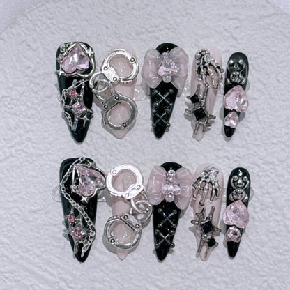 10Pcs Handmade Press on Nails Full Cover Butterflies Rhinestones Design Pink  Almond