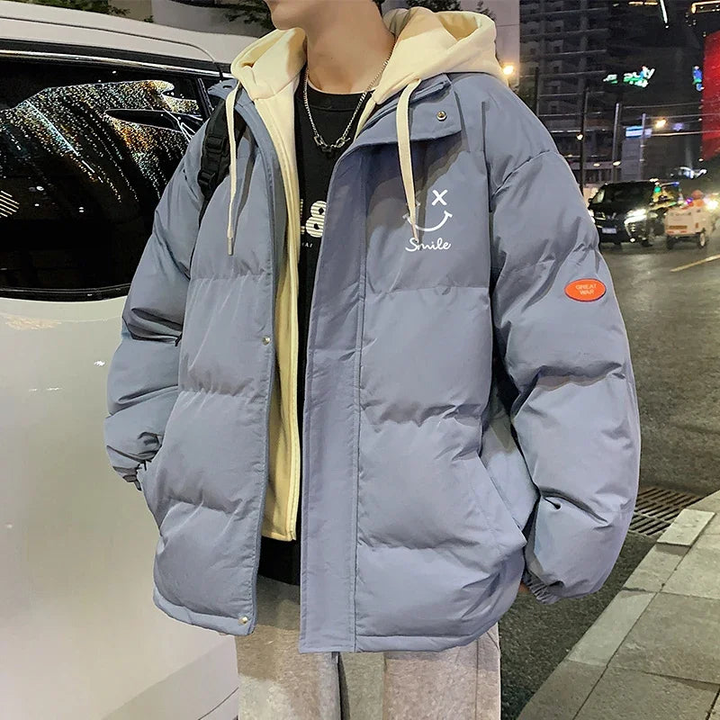 Men's new winter Hong Kong style coat, cotton-padded jacket, trendy brand thickened hooded cotton coat, loose bread coat for men