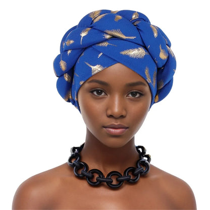 Muslim Headscarf Bonnet Turbante mujer Feather Gold Stamping Braids Turban Cap for Women Fashion African Lady Head Wraps