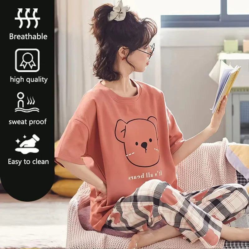 Women’s Pajamas Set Korean Version of the Autumn and Winter Cartoon Bear Christmas Sleepwear Long Sleeve Trousers 2 Piece Set