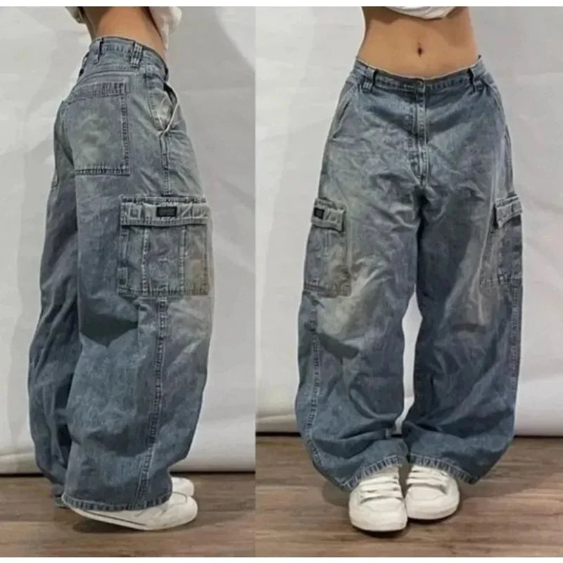 American New Fashion Pattern Embroidery Washing Old Baggy Jeans Men Y2K Harajuku Vintage High Waist Wide Leg Denim Trousers