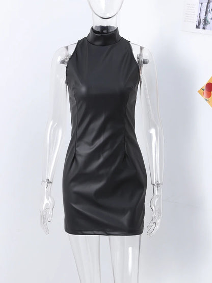 Fashion PU Leather Mini Dress Women Elegant Stand Collar Bodycon Short Party Dress Female Sexy Slim Sleeveless Evening Vestidos