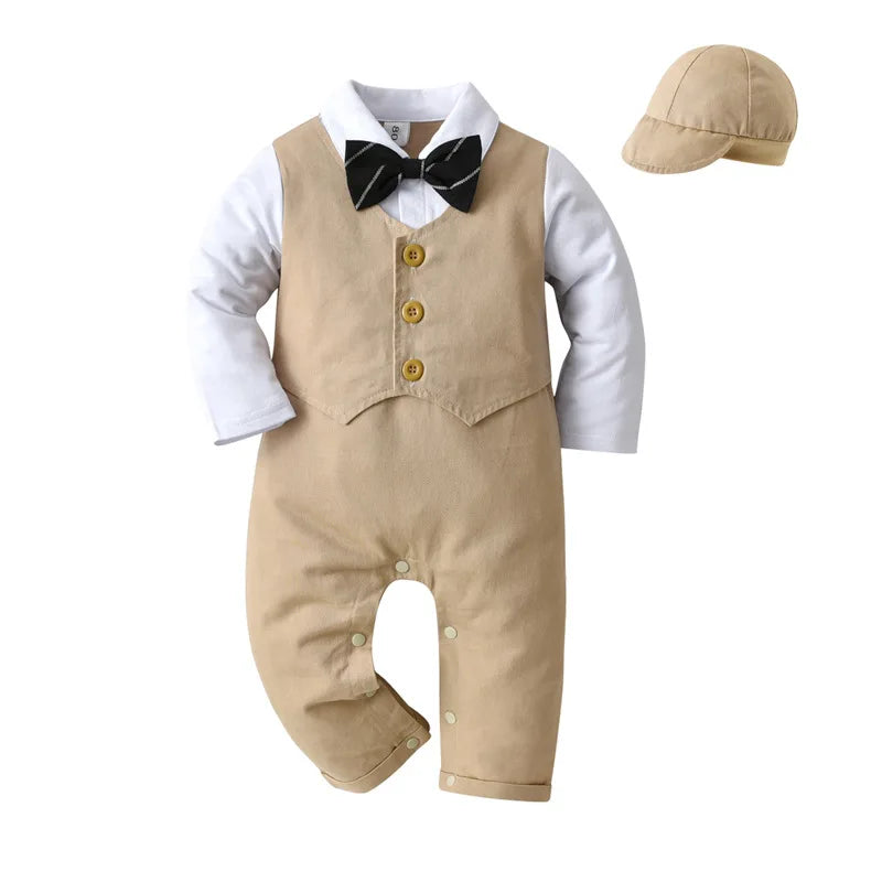 Gentleman Baby Boy Baptism Birthday Clothes Set Formal 0-18 Months Infant Romper Bow Hat 3 PCS Suit Children Christening Outfit