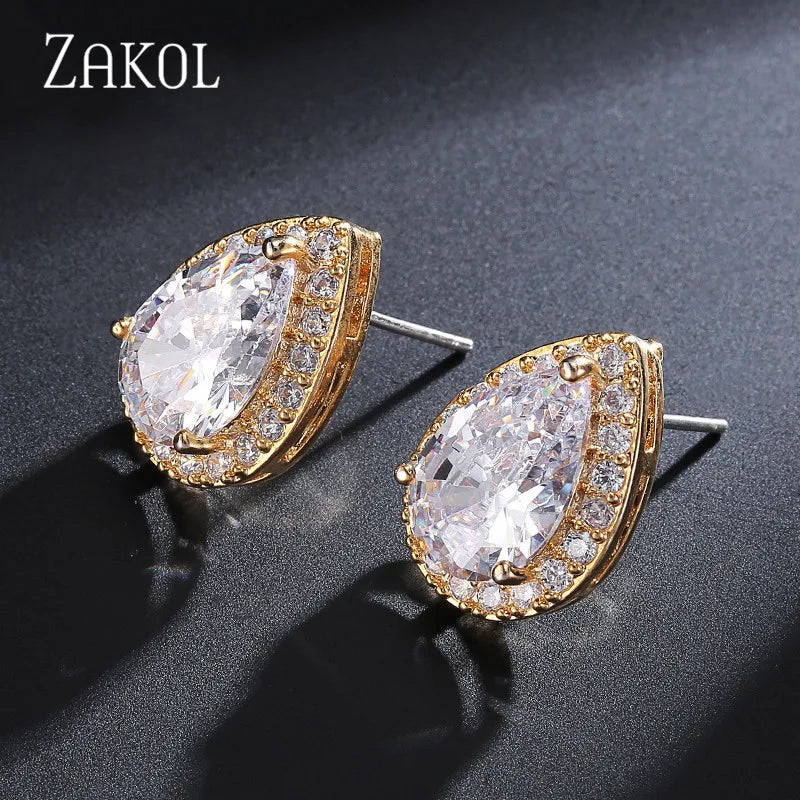 ZAKOL Classic Water Drop Cubic Zircon Stud Earrings for Women Fashion Teardrop Crystal Bridal Wedding Party Jewelry Aretes