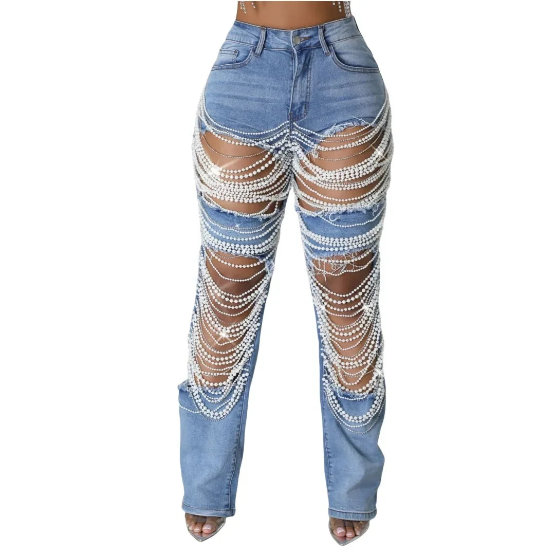 Women Fashion Pearl Beading Ripped Hollow Out Tassel Wide Leg Jeans 2025 New Summer