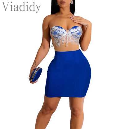 Women Sexy See Through Sheer Mesh Patchwork Strapless Backless Embroidery Hollow Out Mini Dress