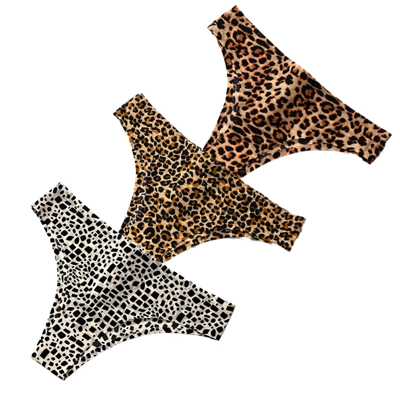 Giczi 3PCS/Set Women's Panties Fashion Leopard Bikini Sexy Thongs Seamless Underwear Silk Satin Lingerie Sport Fitness G-Strings