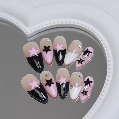 10Pcs Pink Handmade Press on Nails Full Cover Bow Tie Rhinestone Design French Almond Fake Nails Wearable Manicure Nail Tips Art