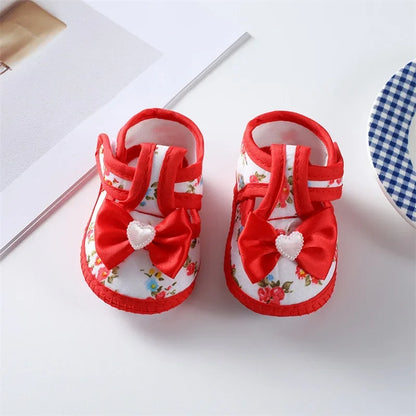 0-18months Baby Girls Flat Shoes Soft Sole Bowknot Flower Print Non-Slip