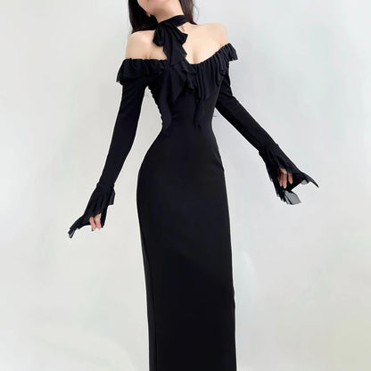 Mesh Ruffles Evening Dress Round Collar Slim Long Sleeve