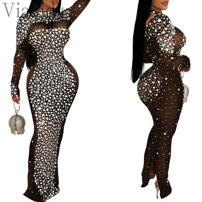 Women Sexy See Through Sheer Mesh Rhinestone Decor Long Sleeve Maxi Party Dress