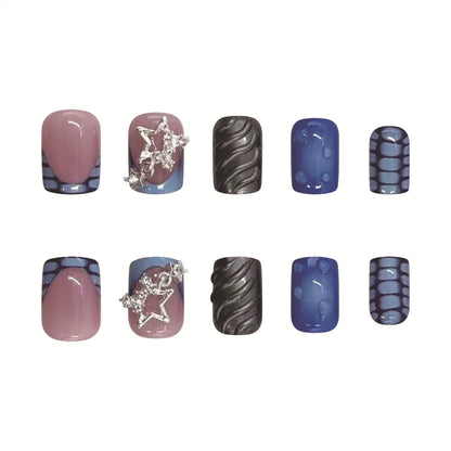 24pcs Short Fake Nails 3D Wave Sliver Star Design Blue French Press on Nails for Girls Full Cover Wearable Short False Nail Tips