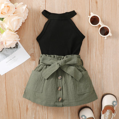 2PC Girls' Sleeveless Off the Shoulder Top Lace Up Bow ButtoShort Skirt Summer Party Fashion Set Suitable for Girls Aged 0-2 Yea