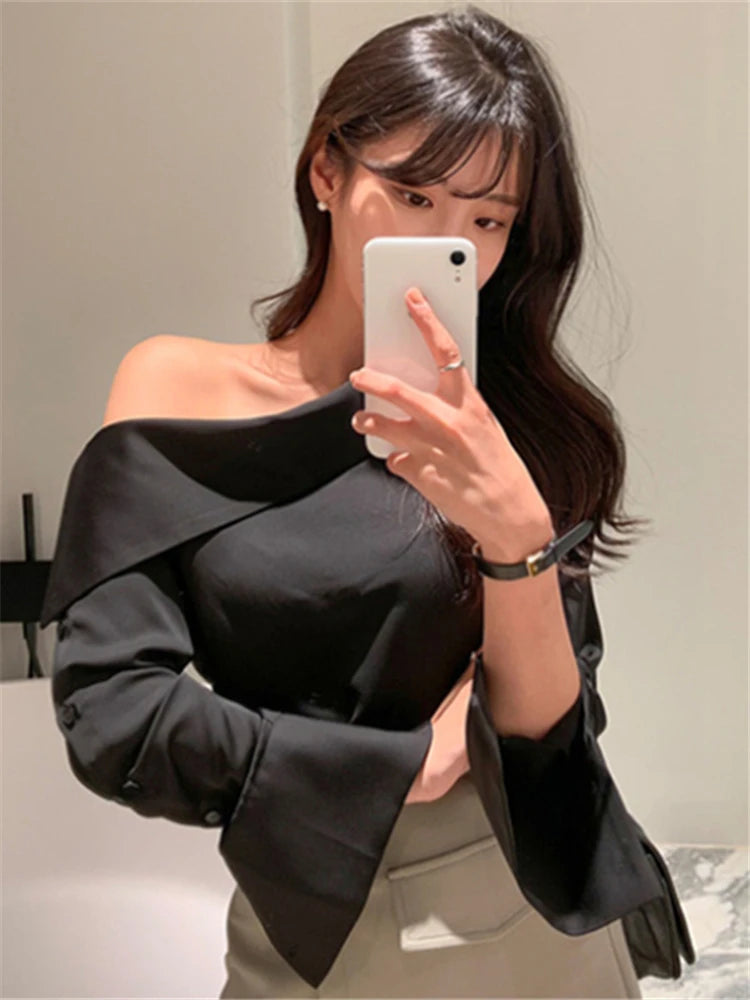 Lady One Shoulder Sexy Wild Cold Blouses Top